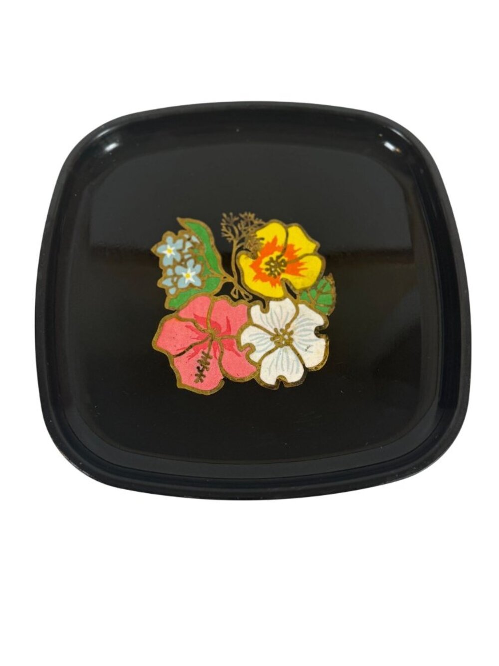 Vtg Couroc Black Square Tray Hawaiian Floral Mid-Century Modern Western Airlines
